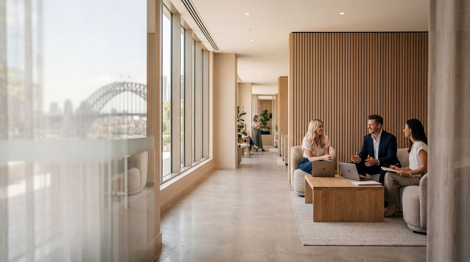 Property professionals meeting in a bright Sydney office overlooking the Harbour Bridge
