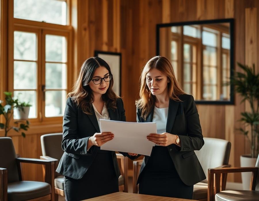 Two property professionals reviewing documents together